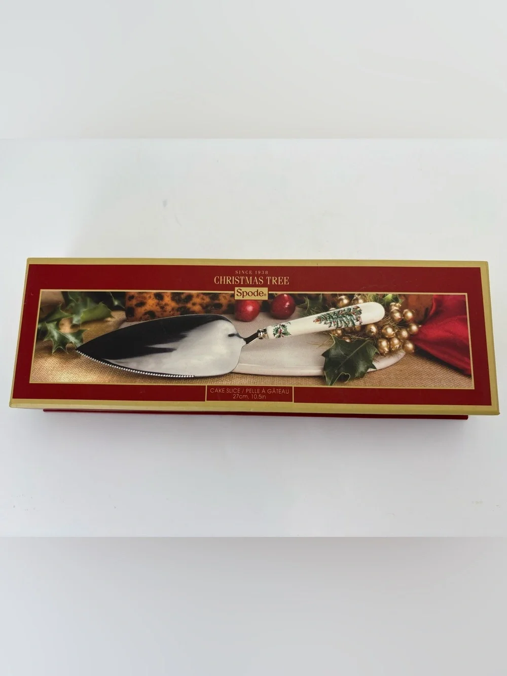 New in Box Spode Christmas Tree Cake Server with Green Tree Motif
